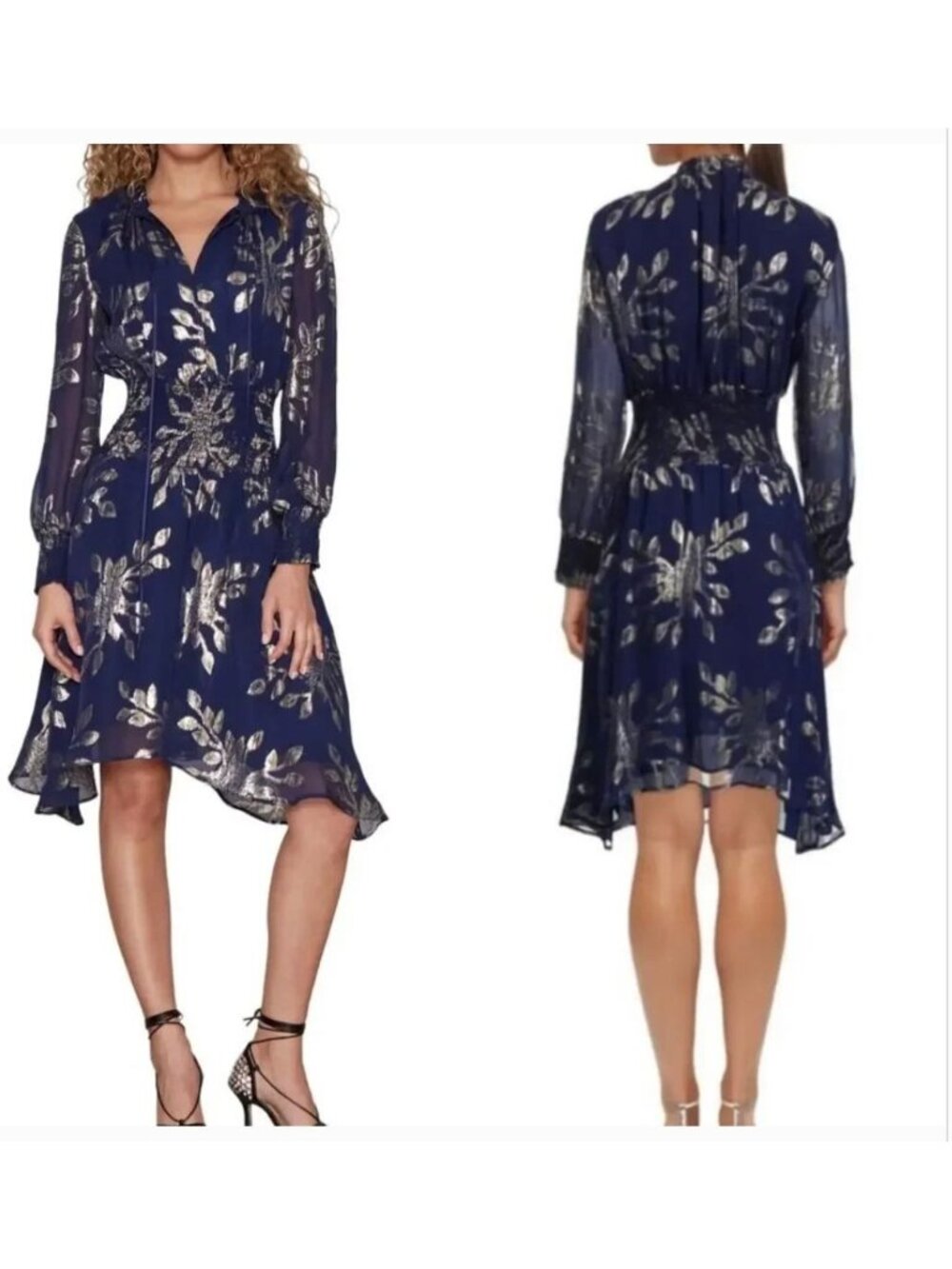 DELFI Collective Rochelle Dress Navy Blue Metallic Silk Midi NWT - Size M
